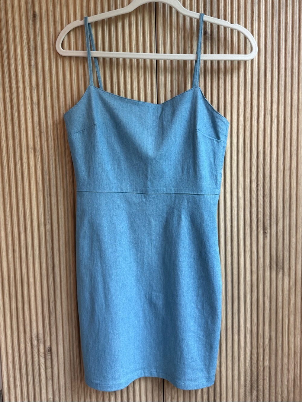 Von Maur Crystal Doll Light Blue Stretch Denim Spaghetti Strap Mini Dress